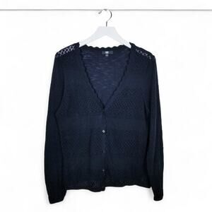 FRYE Pointelle Cardigan Sweater 100% Cotton Black - Size Large